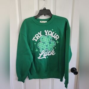 Wound Up Women’s Green Shamrock “Try Your Luck” Sweatshirt St. Patrick’s Day SM